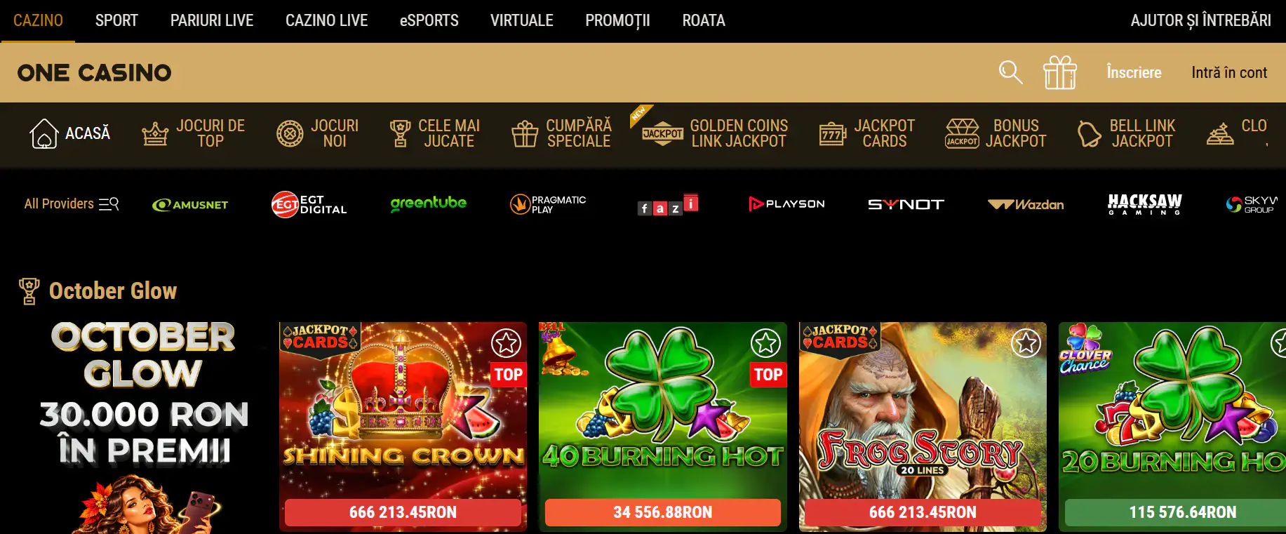 Captură autentică a paginii principale One Casino România cu antetul și navigarea site-ului