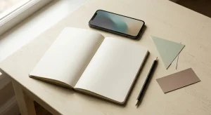 Caiet deschis pe o masă luminoasă, un stilou și piese geometrice simple pe fundal neutru
