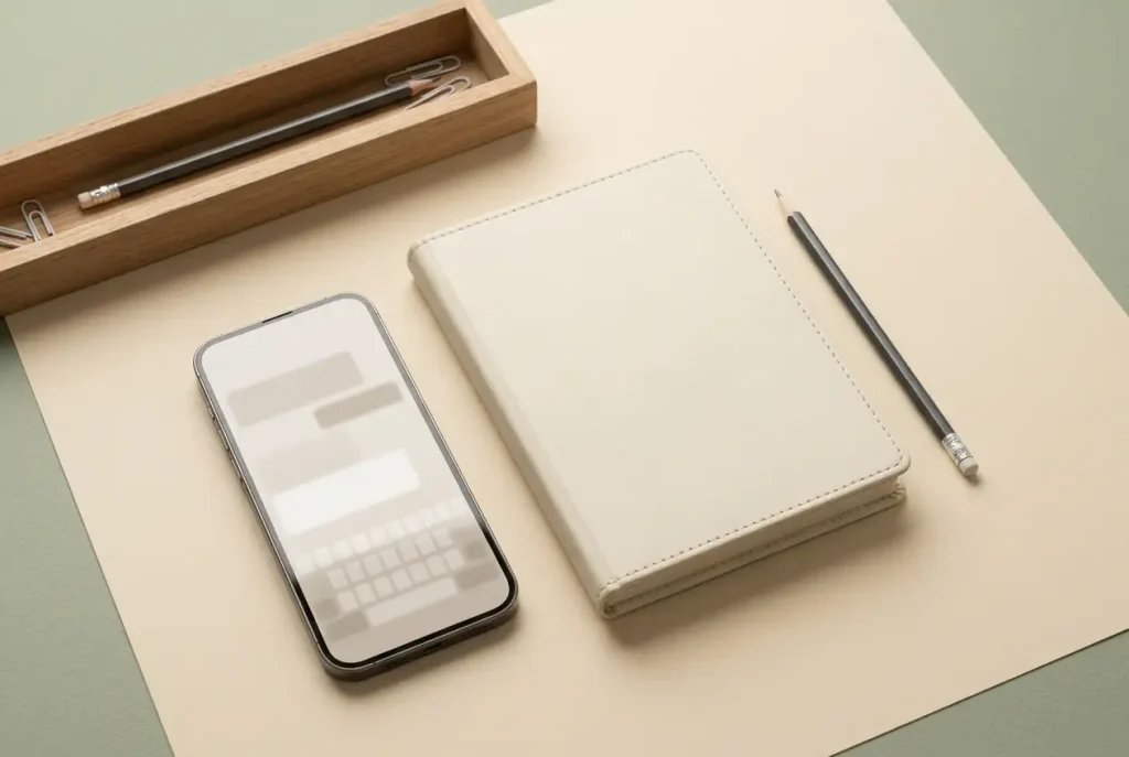 Un carnet închis lângă un telefon cu ecran discret și un creion, pe birou