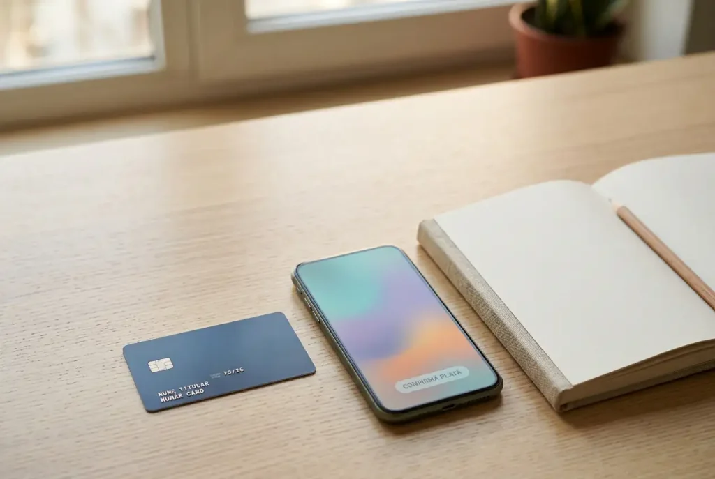 Card de plată fără însemne alături de un telefon cu ecran neutru și un carnețel pe masă