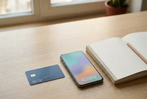 Card de plată fără însemne alături de un telefon cu ecran neutru și un carnețel pe masă