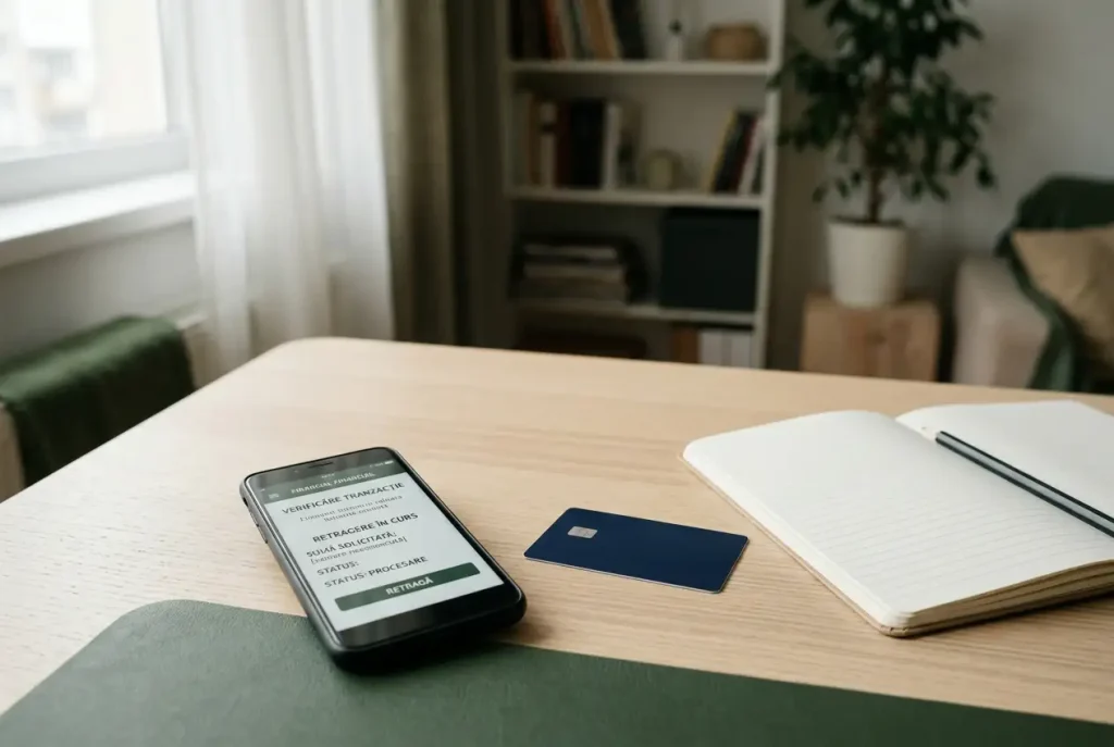 Telefon lângă un card bancar și un carnet cu spații libere pentru notarea unei tranzacții