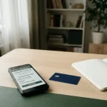 Telefon lângă un card bancar și un carnet cu spații libere pentru notarea unei tranzacții